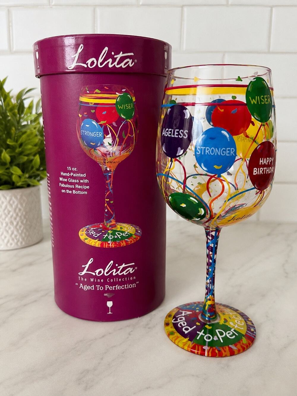 Lolita Aged to Perfection 15 Oz Hand Painted Wine Glass Birthday w/ Gift Box